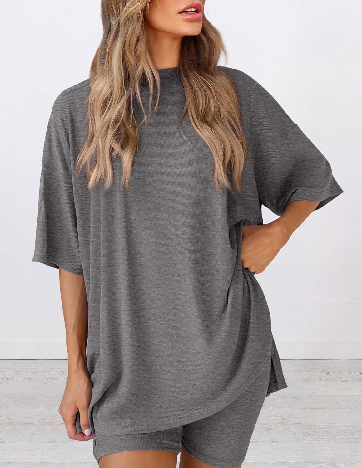 Special Sale🩷Women's Two Piece Lounge Set Casual Oversized Shirts Biker Shorts Matching Airport Travel Outfit