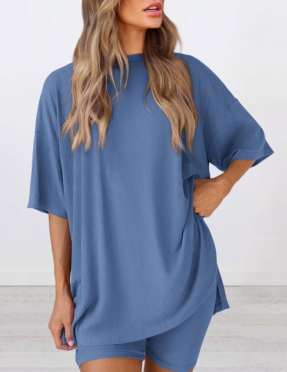 Special Sale🩷Women's Two Piece Lounge Set Casual Oversized Shirts Biker Shorts Matching Airport Travel Outfit