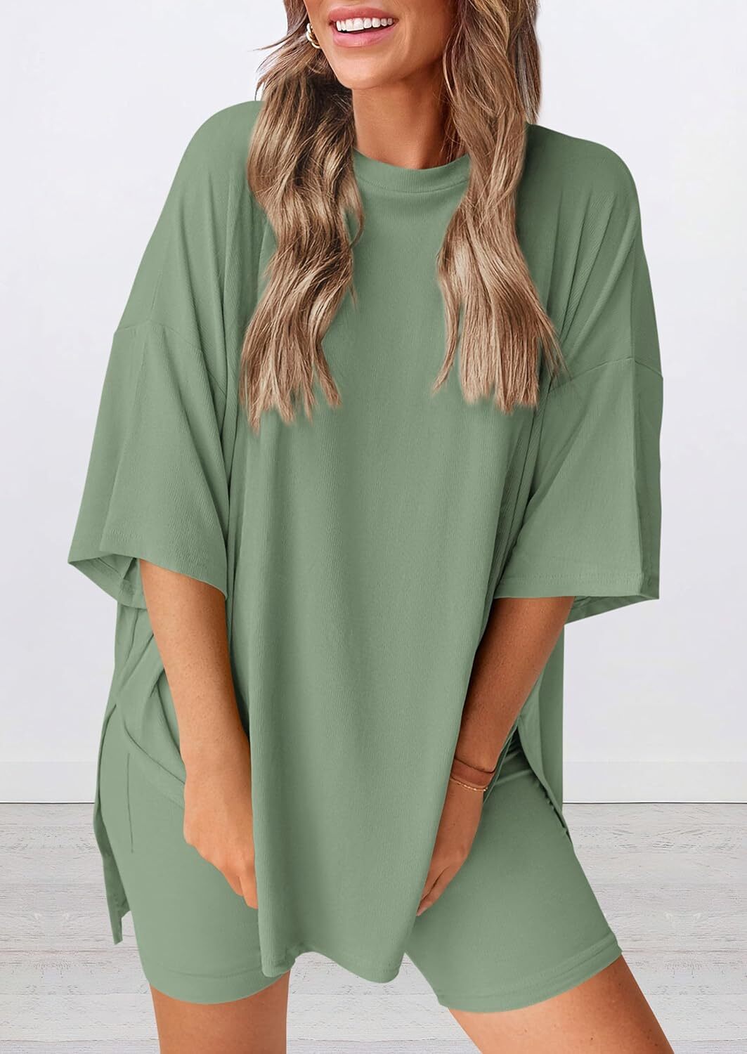 Special Sale🩷Women's Two Piece Lounge Set Casual Oversized Shirts Biker Shorts Matching Airport Travel Outfit