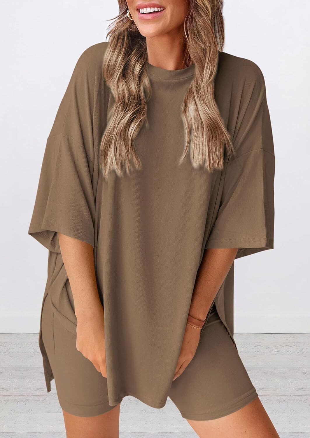 Special Sale🩷Women's Two Piece Lounge Set Casual Oversized Shirts Biker Shorts Matching Airport Travel Outfit