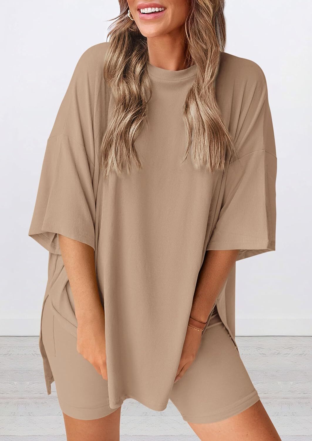 Special Sale🩷Women's Two Piece Lounge Set Casual Oversized Shirts Biker Shorts Matching Airport Travel Outfit