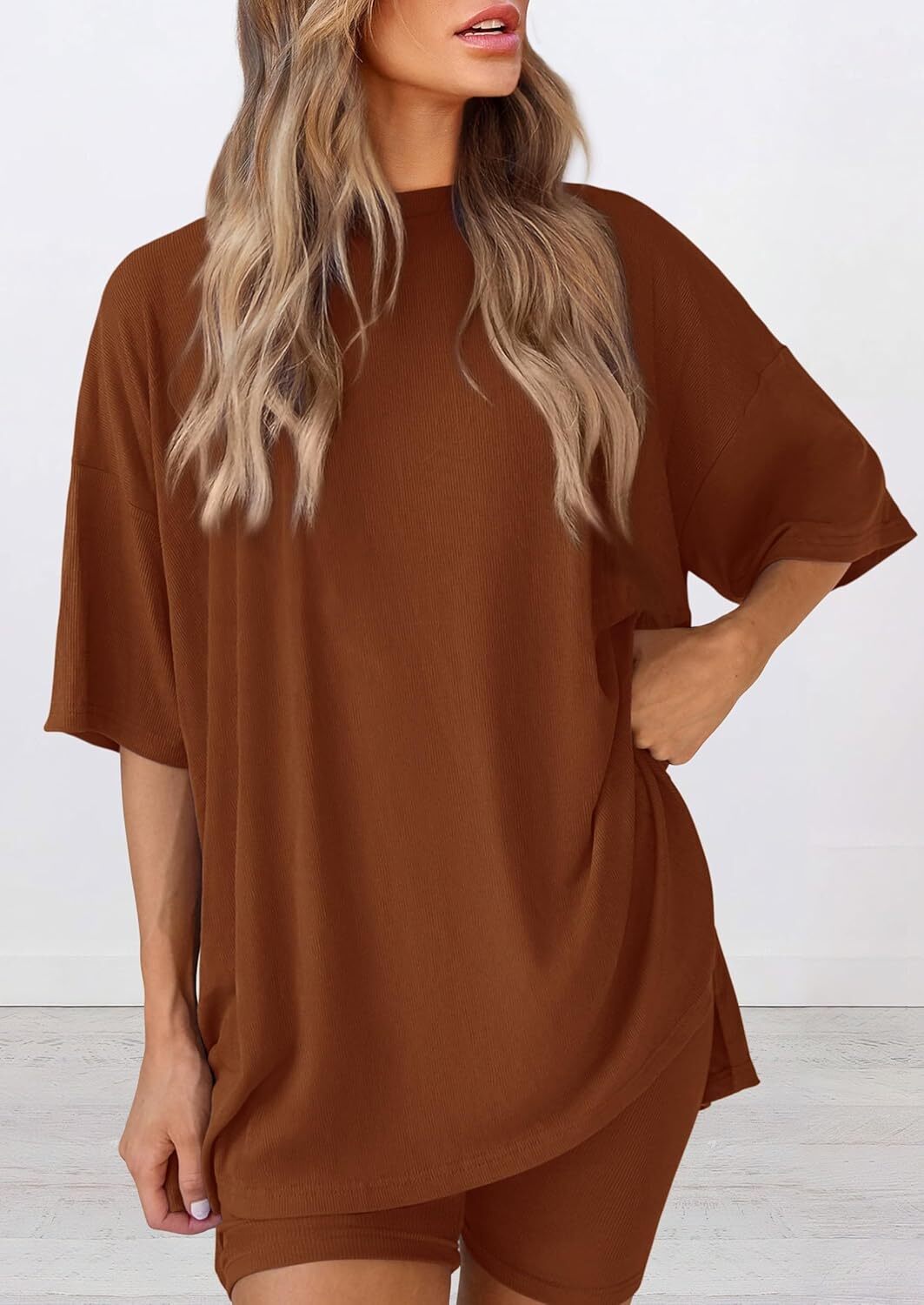 Special Sale🩷Women's Two Piece Lounge Set Casual Oversized Shirts Biker Shorts Matching Airport Travel Outfit
