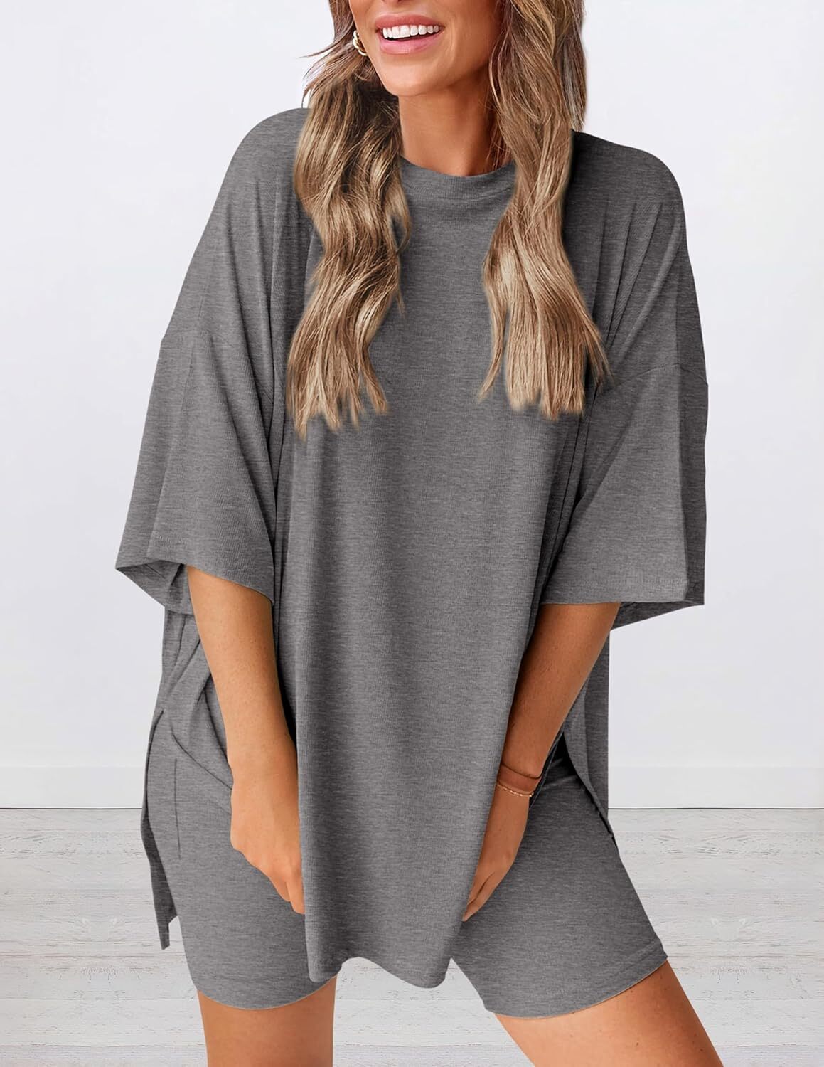 Special Sale🩷Women's Two Piece Lounge Set Casual Oversized Shirts Biker Shorts Matching Airport Travel Outfit