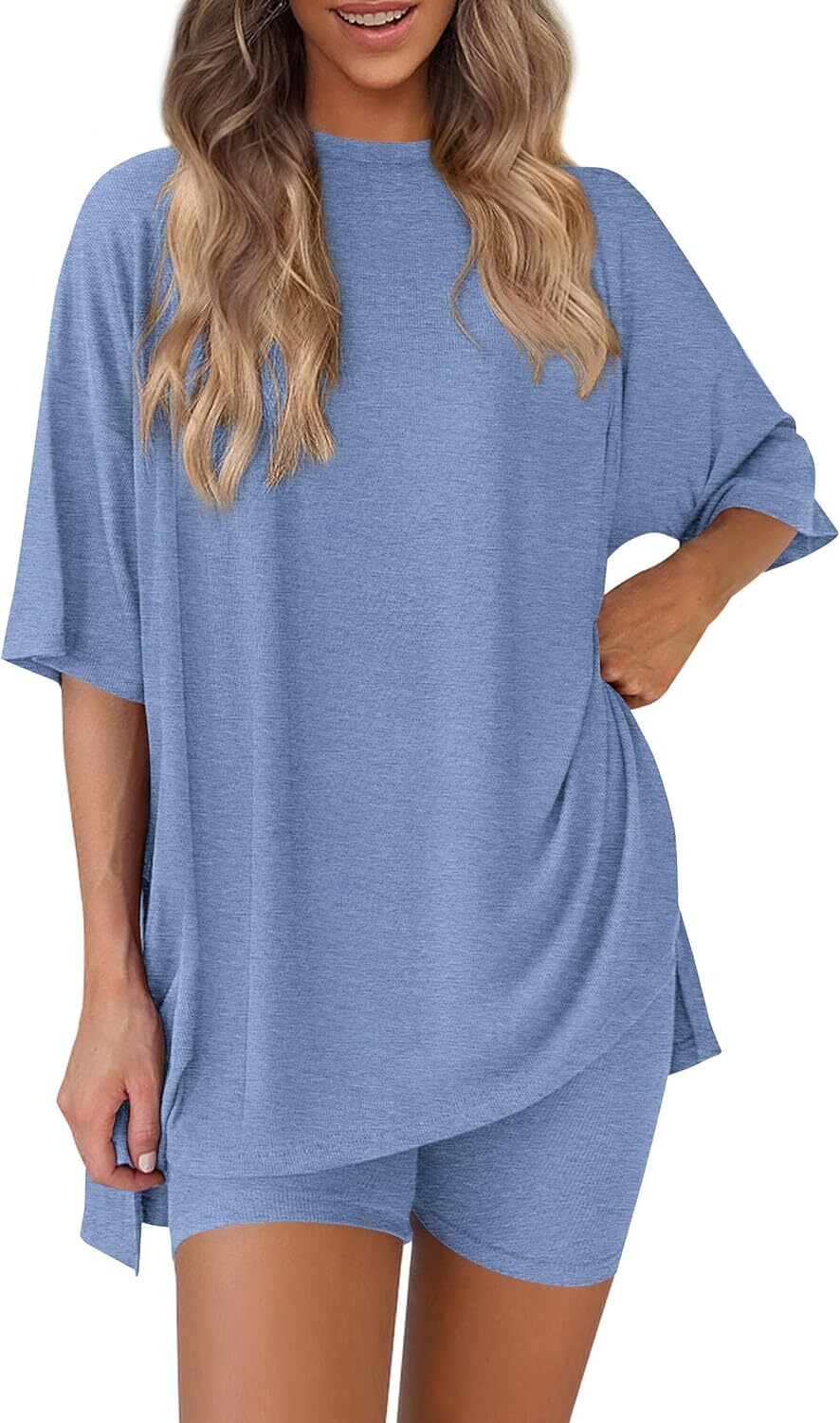 Special Sale🩷Women's Two Piece Lounge Set Casual Oversized Shirts Biker Shorts Matching Airport Travel Outfit
