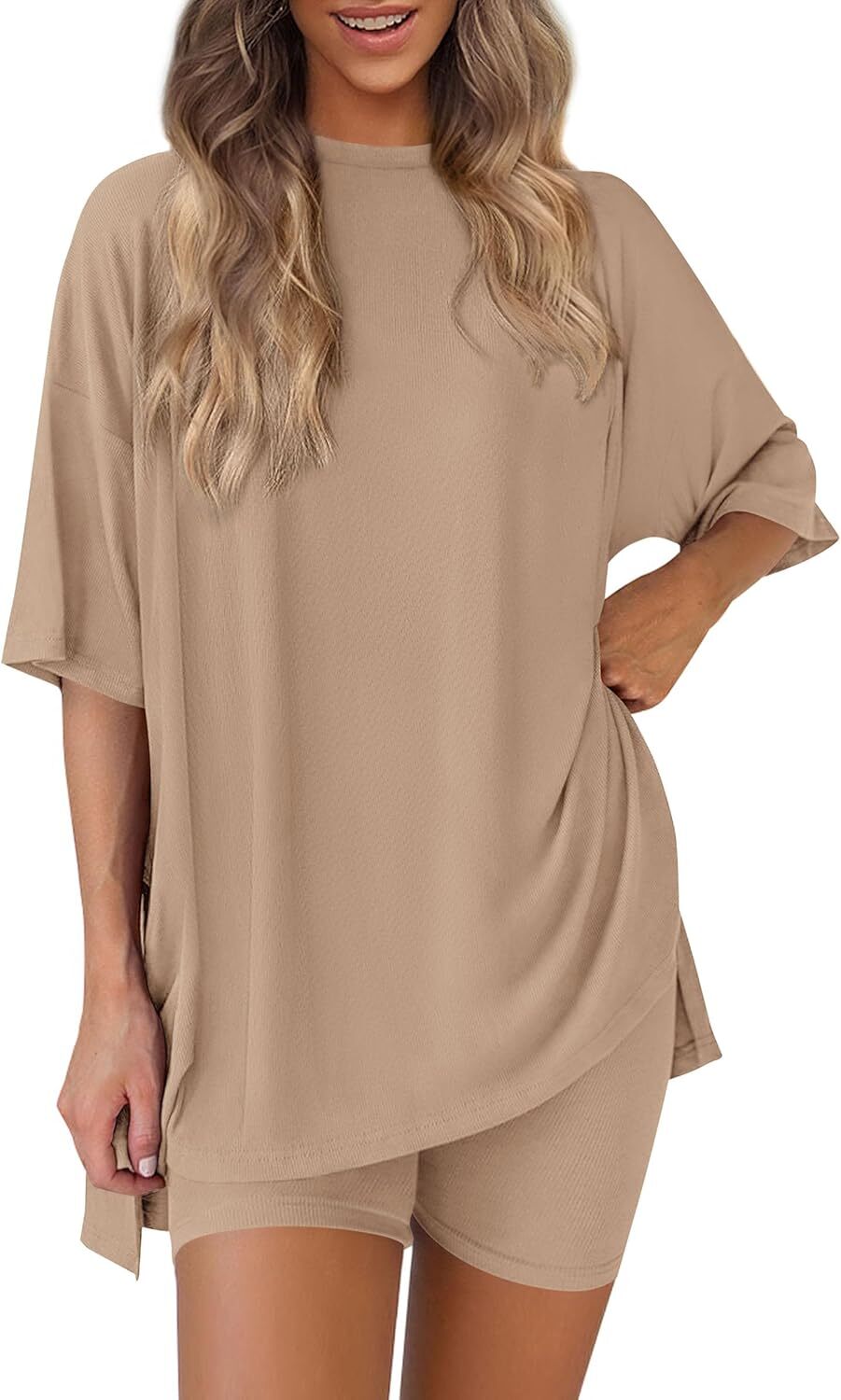 Special Sale🩷Women's Two Piece Lounge Set Casual Oversized Shirts Biker Shorts Matching Airport Travel Outfit