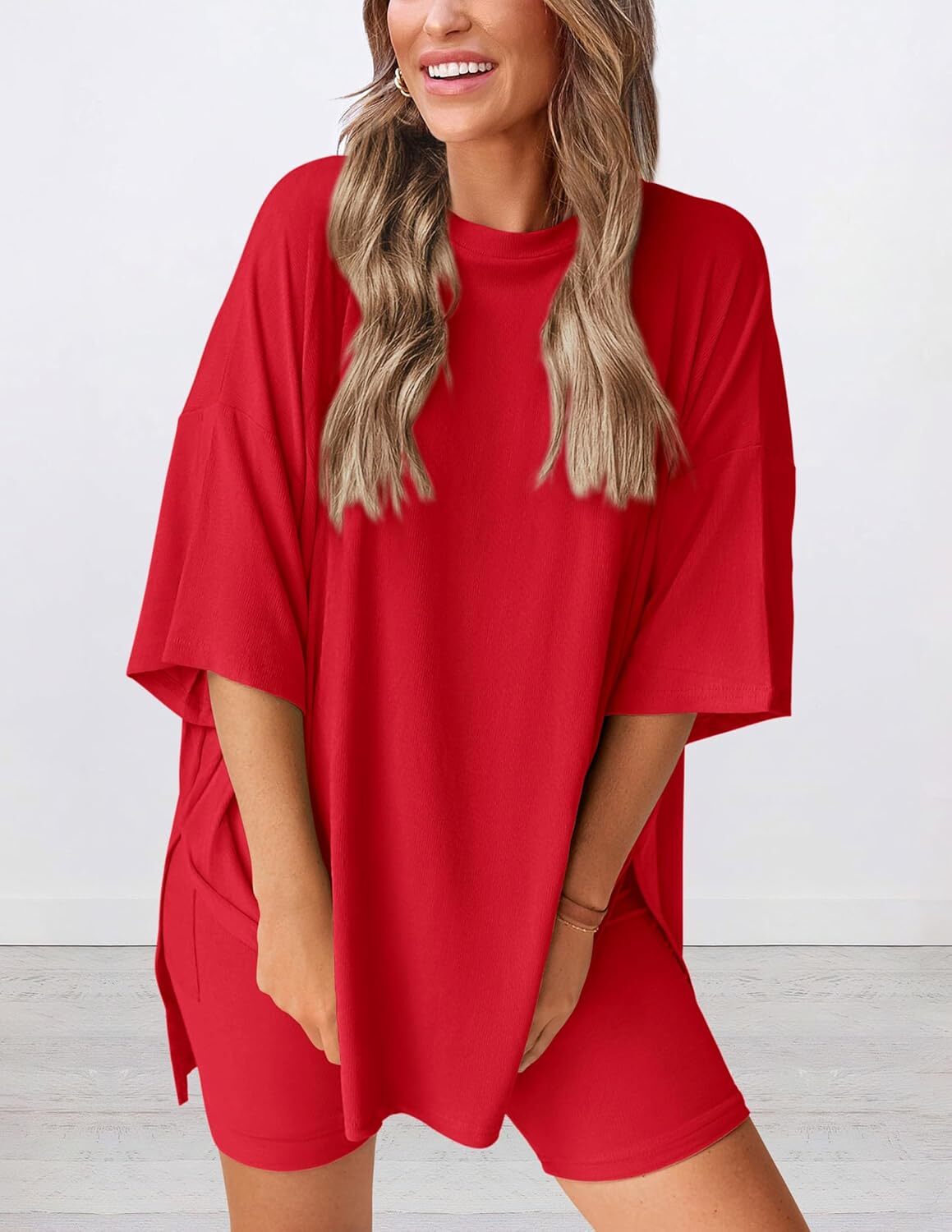Special Sale🩷Women's Two Piece Lounge Set Casual Oversized Shirts Biker Shorts Matching Airport Travel Outfit