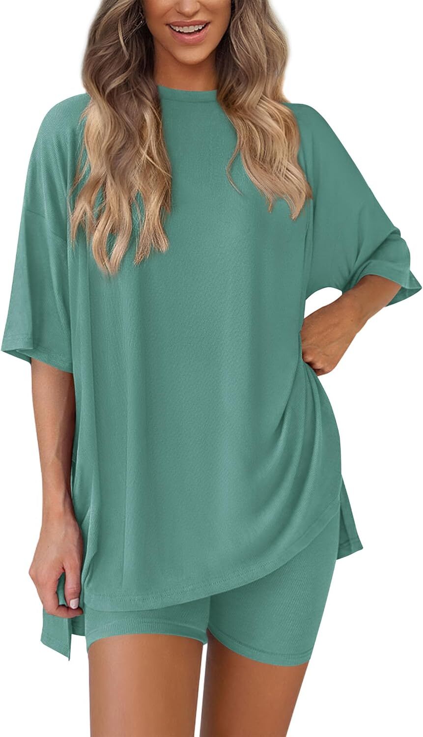 Special Sale🩷Women's Two Piece Lounge Set Casual Oversized Shirts Biker Shorts Matching Airport Travel Outfit