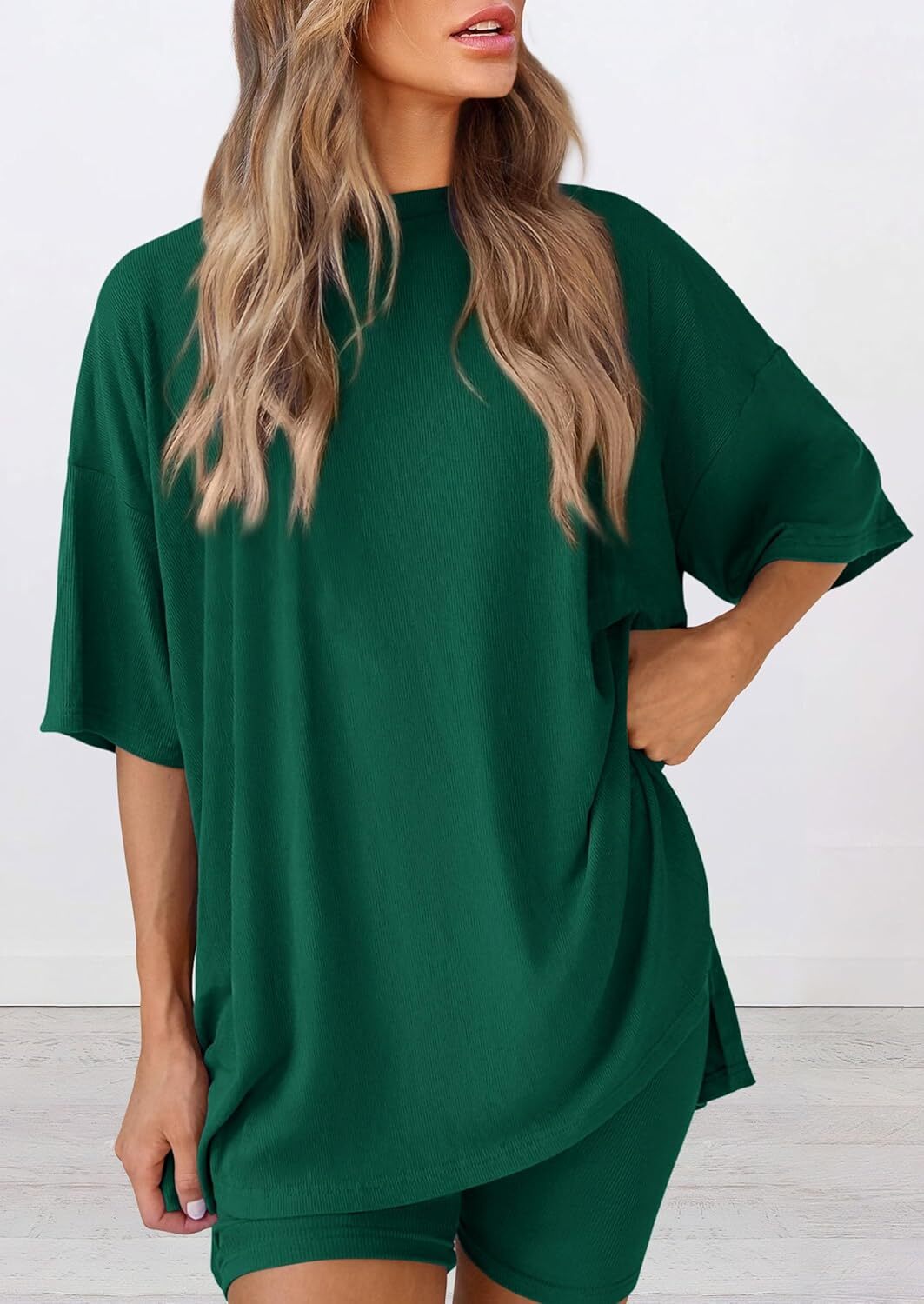 Special Sale🩷Women's Two Piece Lounge Set Casual Oversized Shirts Biker Shorts Matching Airport Travel Outfit