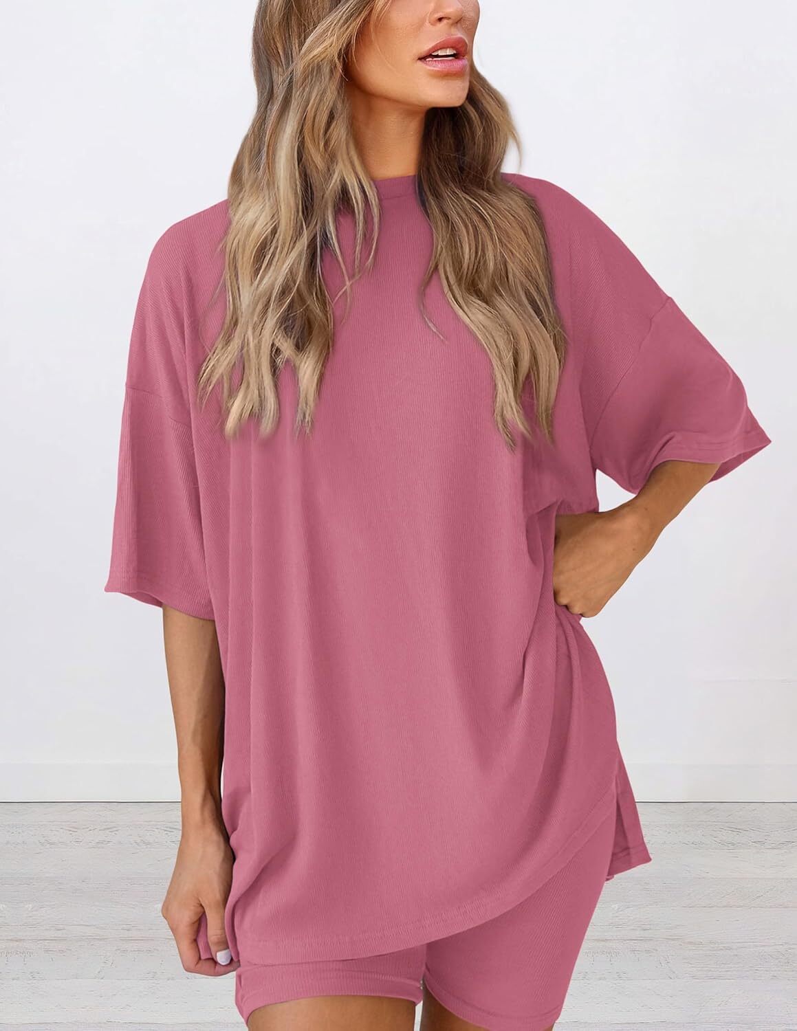 Special Sale🩷Women's Two Piece Lounge Set Casual Oversized Shirts Biker Shorts Matching Airport Travel Outfit