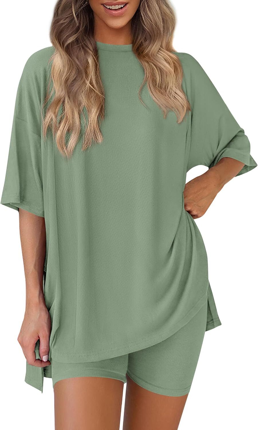 Special Sale🩷Women's Two Piece Lounge Set Casual Oversized Shirts Biker Shorts Matching Airport Travel Outfit