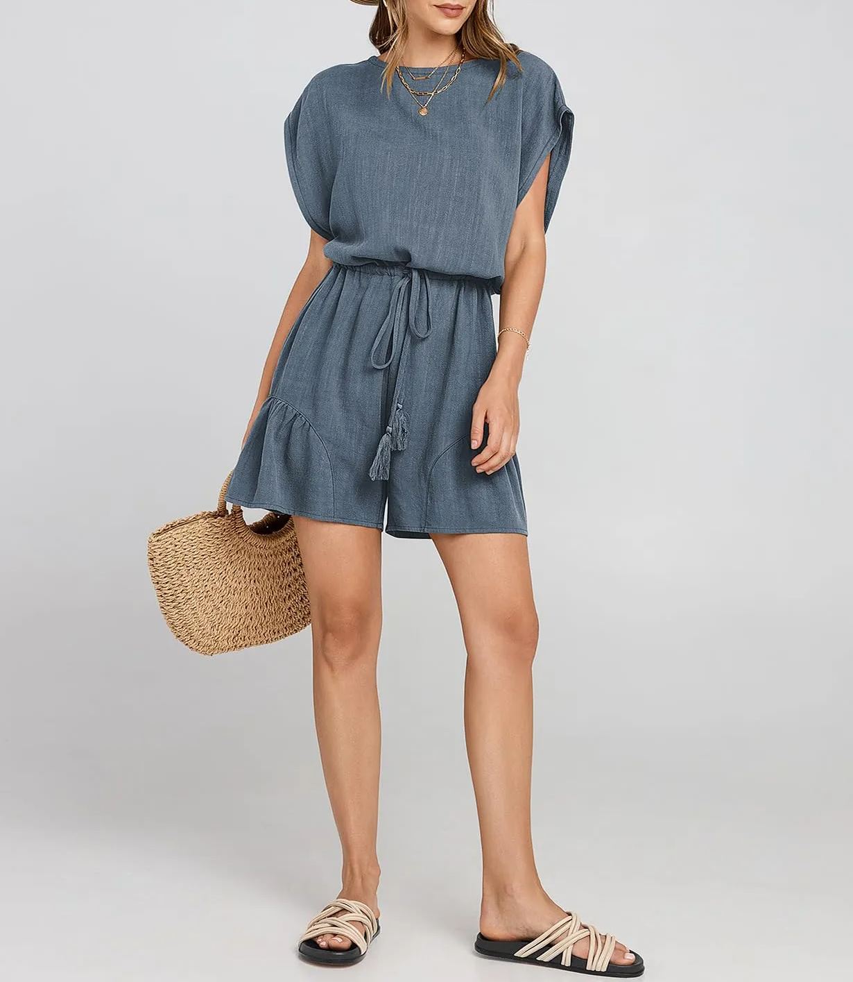 ??New ??Women's Summer Casual Linen Romper with Drawstring??
