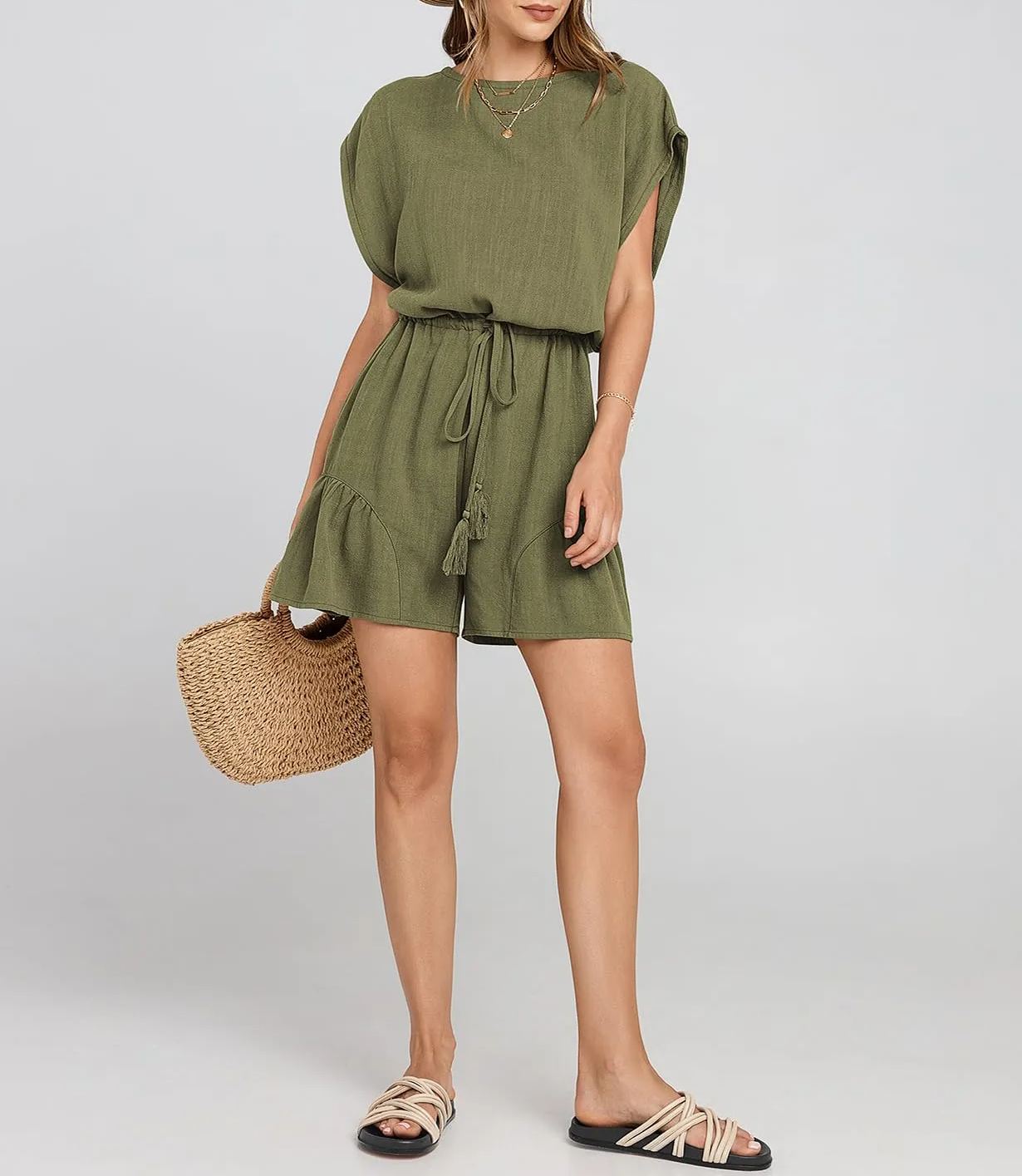 ??New ??Women's Summer Casual Linen Romper with Drawstring??