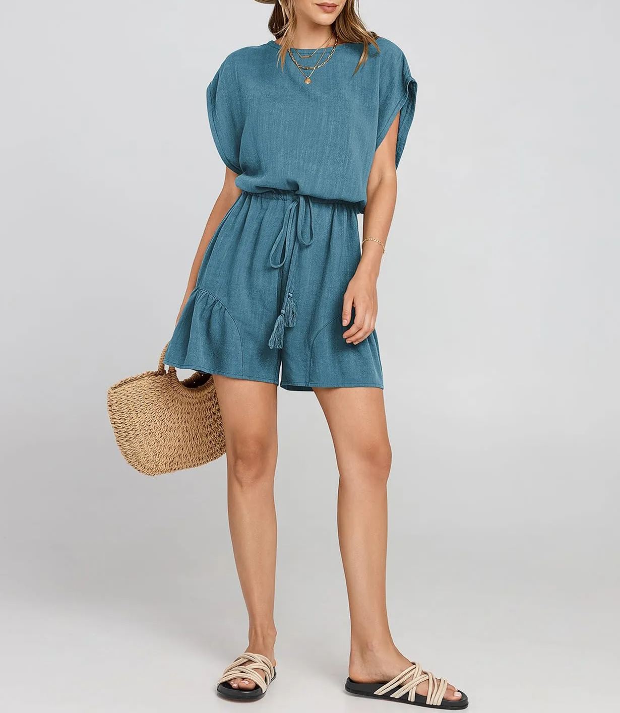 ??New ??Women's Summer Casual Linen Romper with Drawstring??