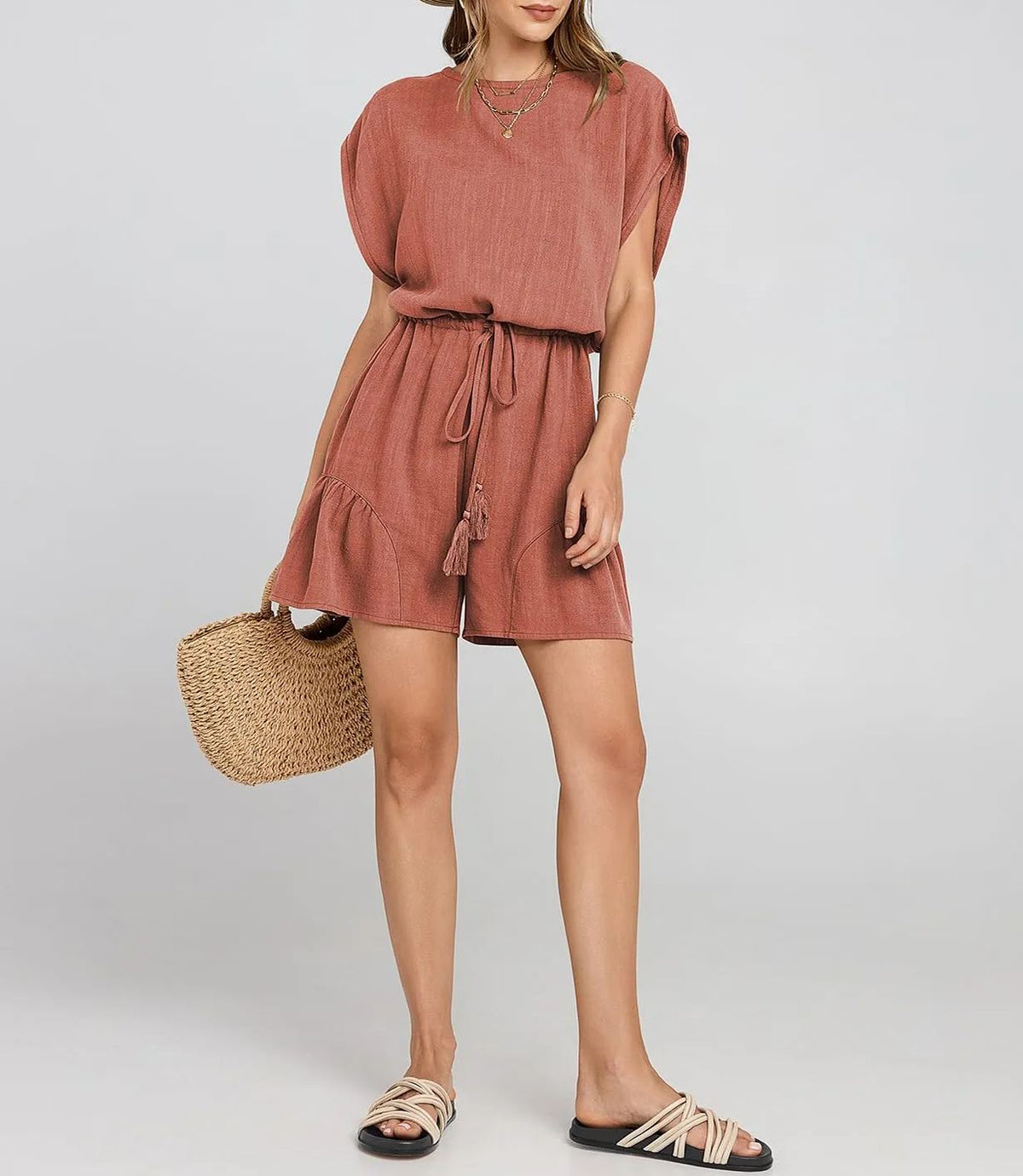 ??New ??Women's Summer Casual Linen Romper with Drawstring??