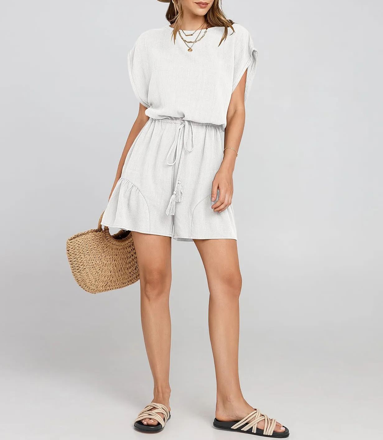 ??New ??Women's Summer Casual Linen Romper with Drawstring??