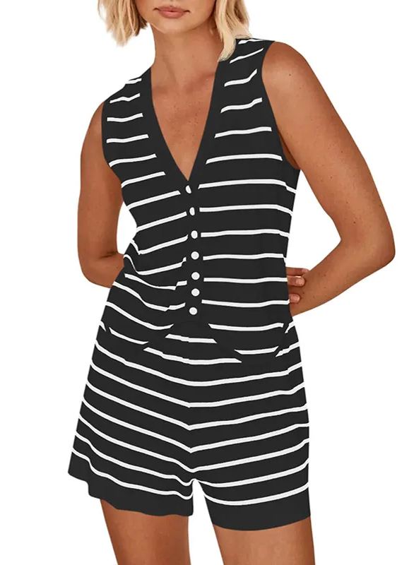 Women  Sleeveless Button Vest Top and Shorts Pajama Set