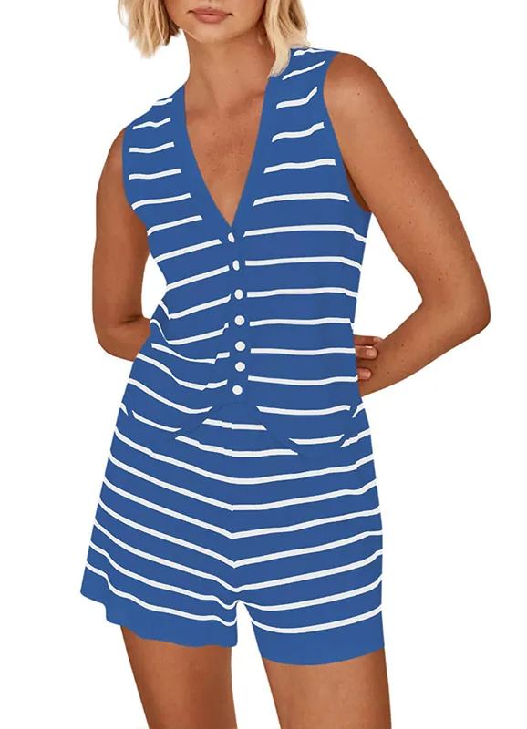 Women  Sleeveless Button Vest Top and Shorts Pajama Set